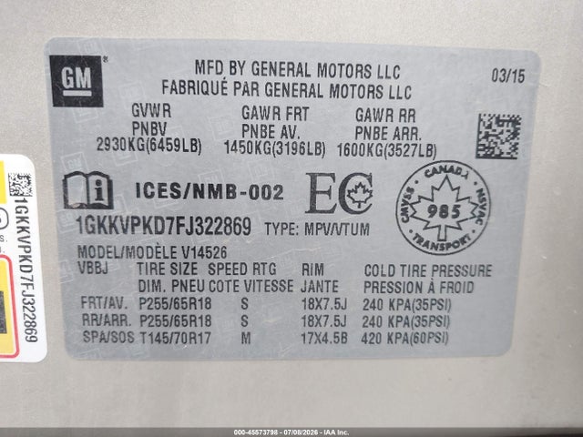 Aukcja sprzedaży 2015 Gmc Acadia Sle-2, vin: 1GKKVPKD7FJ322869, numer aukcji: 45573798