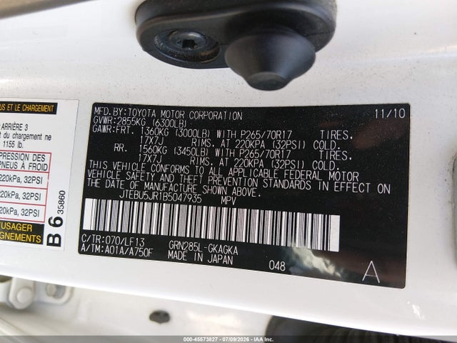 45573827 :رقم المزاد ، JTEBU5JR1B5047935 vin ، 2011 Toyota 4runner Sr5 V6 مزاد بيع