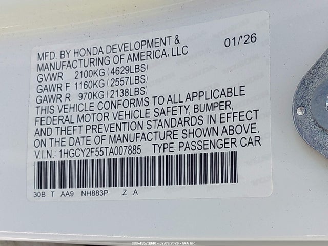 45573840 :رقم المزاد ، 1HGCY2F55TA007885 vin ، 2026 Honda Accord Hybrid Sport مزاد بيع