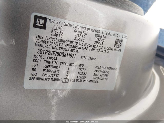 Aukcja sprzedaży 2013 Gmc Sierra 1500 Sle, vin: 3GTP2VE75DG311971, numer aukcji: 45573851