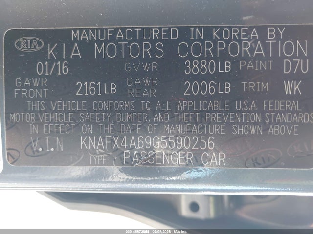 KNAFX4A69G5590256 KIA FORTE LX