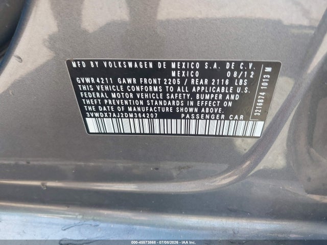Продажа на аукционе авто 2013 Volkswagen Jetta 2.5l Se, vin: 3VWDX7AJ2DM364207, номер лота: 45573868