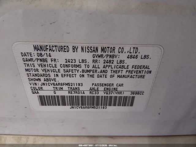45573881 :رقم المزاد ، JN1CV6AR6FM521193 vin ، 2015 Infiniti Q40 مزاد بيع