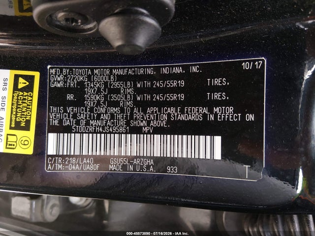 Toyota Highlander Limited Platinum 2018 5TDDZRFH4JS495861 Image 9