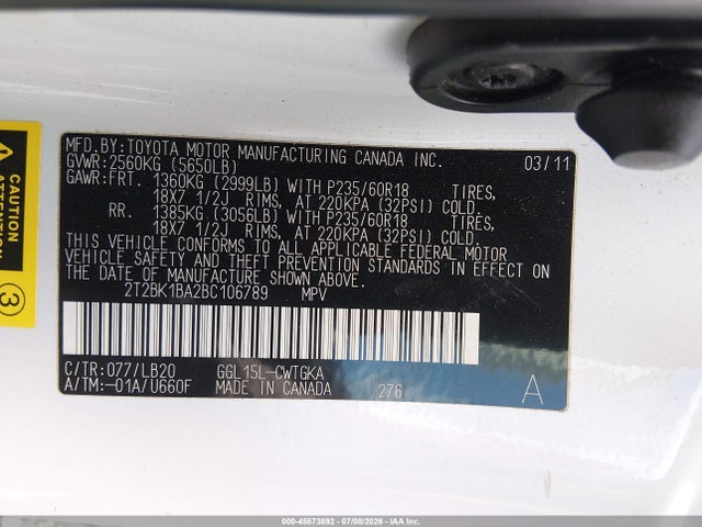 45573892 :رقم المزاد ، 2T2BK1BA2BC106789 vin ، 2011 Lexus Rx 350 مزاد بيع
