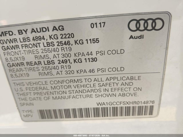 Aukcja sprzedaży 2017 Audi Q3 2.0t Premium, vin: WA1GCCFSXHR014876, numer aukcji: 45573893
