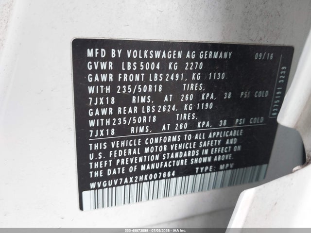 Aukcja sprzedaży 2017 Volkswagen Tiguan 2.0t Sport, vin: WVGUV7AX2HK007664, numer aukcji: 45573895