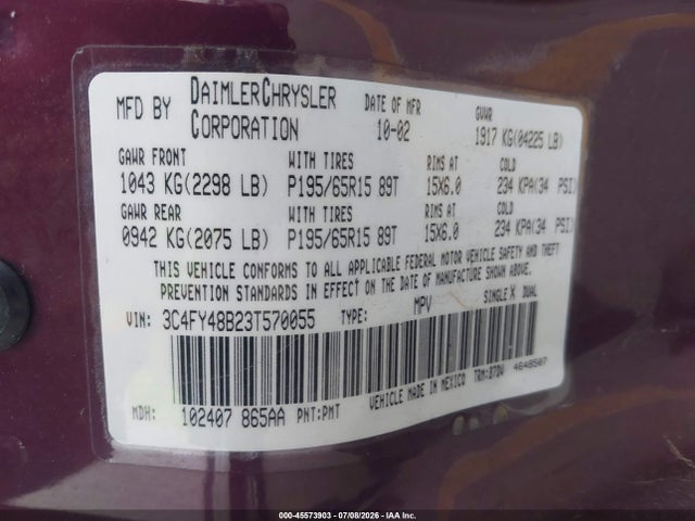 Продажа на аукционе авто 2003 Chrysler Pt Cruiser, vin: 3C4FY48B23T570055, номер лота: 45573903