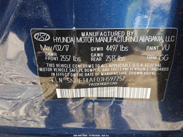 2018 Hyundai Sonata Sel მანქანა იყიდება აუქციონზე, vin: 5NPE34AF0JH597257, აუქციონის ნომერი: 45573905