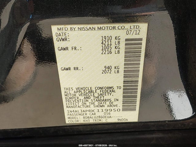 2013 Nissan Altima 2.5 Sv მანქანა იყიდება აუქციონზე, vin: 1N4AL3AP4DC119950, აუქციონის ნომერი: 45573921