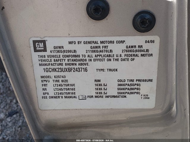 45573926 :رقم المزاد ، 1GCHK23UX6F243716 vin ، 2006 Chevrolet Silverado 2500hd Lt1 مزاد بيع