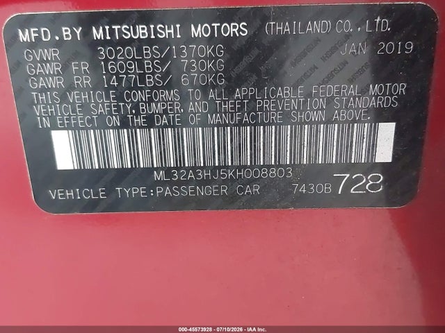 2019 Mitsubishi Mirage Es/rf მანქანა იყიდება აუქციონზე, vin: ML32A3HJ5KH008803, აუქციონის ნომერი: 45573928