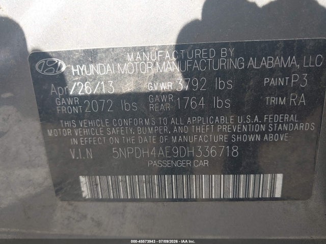 Aukcja sprzedaży 2013 Hyundai Elantra Gls, vin: 5NPDH4AE9DH336718, numer aukcji: 45573943