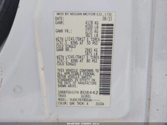 1N6BF0KX2FN808442 Nissan Nv Cargo Nv2500 Hd Sv V6