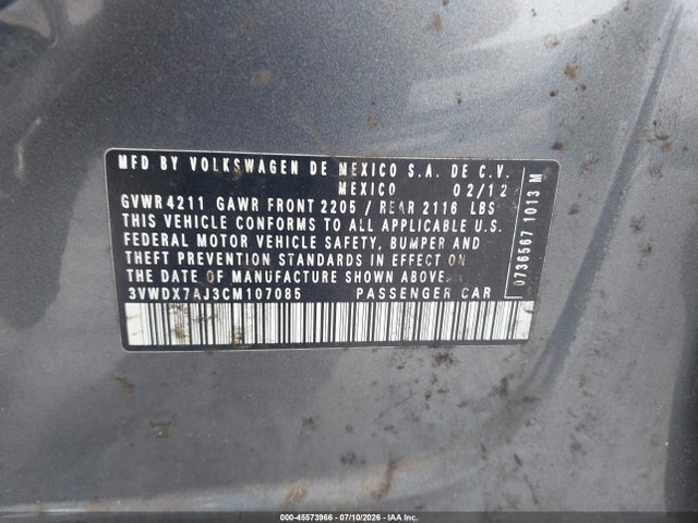 2012 Volkswagen Jetta 2.5l Se მანქანა იყიდება აუქციონზე, vin: 3VWDX7AJ3CM107085, აუქციონის ნომერი: 45573966