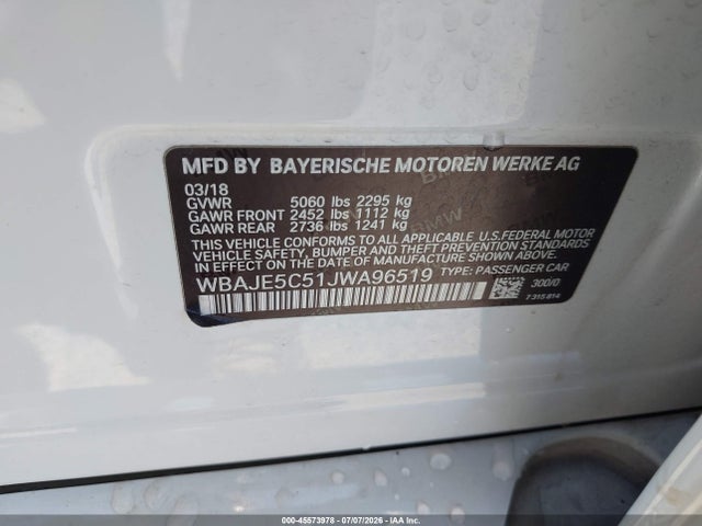 Продажа на аукционе авто 2018 Bmw 540i, vin: WBAJE5C51JWA96519, номер лота: 45573978