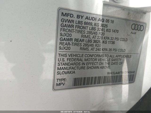 45573979 :رقم المزاد ، WA1LAAF79JD043440 vin ، 2018 Audi Q7 3.0t Premium مزاد بيع