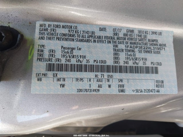 Продаж на аукціоні авто 2017 Ford Focus S, vin: 1FADP3E22HL319571, номер лоту: 45573986