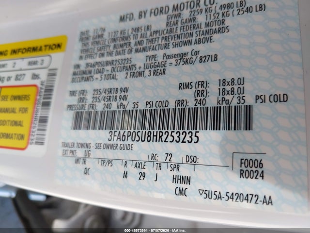 3FA6P0SU8HR253235 Ford Fusion Energi Platinum