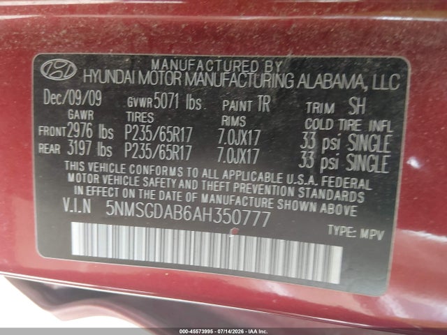 2010 Hyundai Santa Fe Gls მანქანა იყიდება აუქციონზე, vin: 5NMSGDAB6AH350777, აუქციონის ნომერი: 45573995