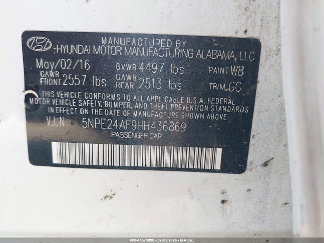 Aukcja sprzedaży 2017 Hyundai Sonata Se, vin: 5NPE24AF9HH436869, numer aukcji: 45573998