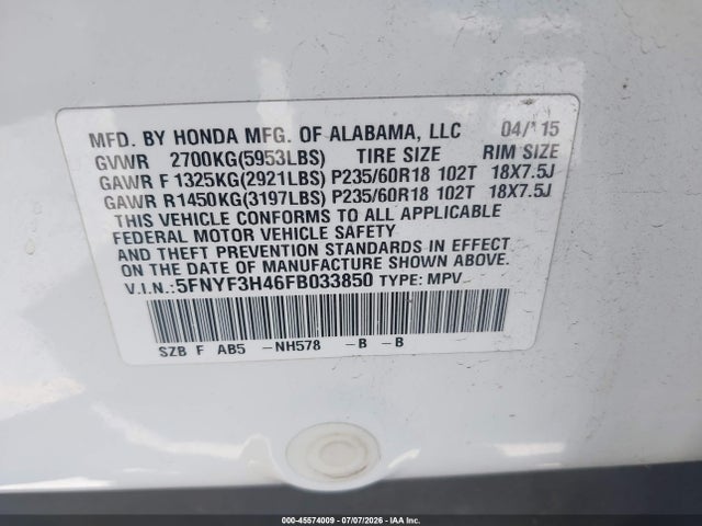 5FNYF3H46FB033850 Honda Pilot Ex