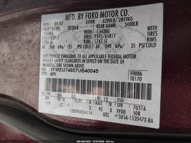 Aukcja sprzedaży 2007 Ford Explorer Eddie Bauer, vin: 1FMEU74857UB40045, numer aukcji: 45574027