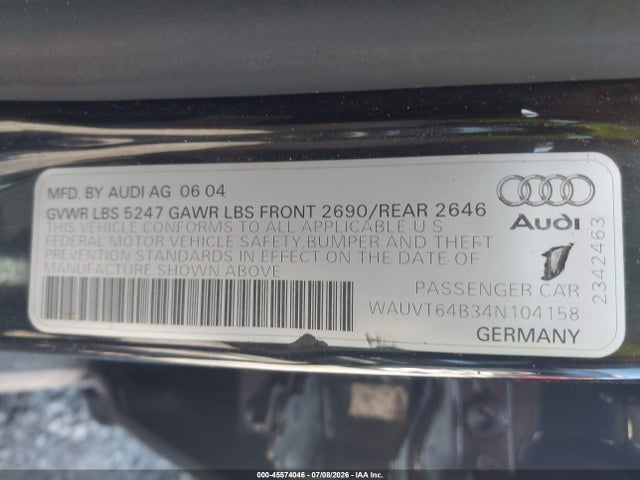 2004 Audi A6 Avant მანქანა იყიდება აუქციონზე, vin: WAUVT64B34N104158, აუქციონის ნომერი: 45574046
