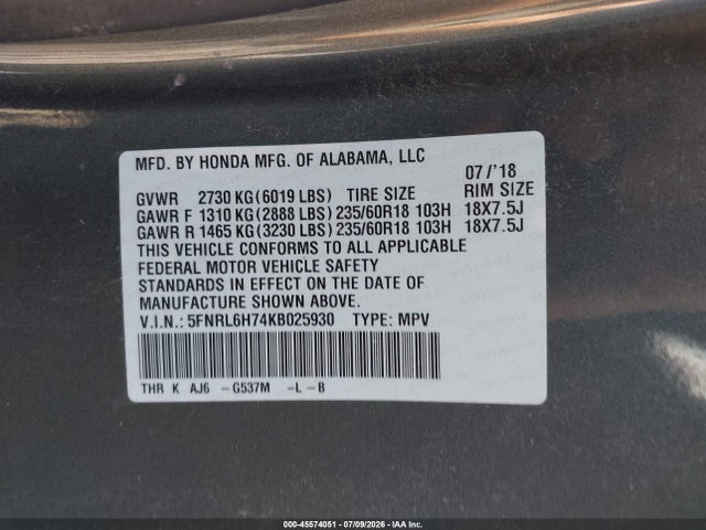 5FNRL6H74KB025930 Honda Odyssey Ex-l