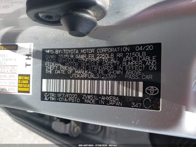 Toyota Prius Le 2020 JTDKARFUXL3123389 Image 9