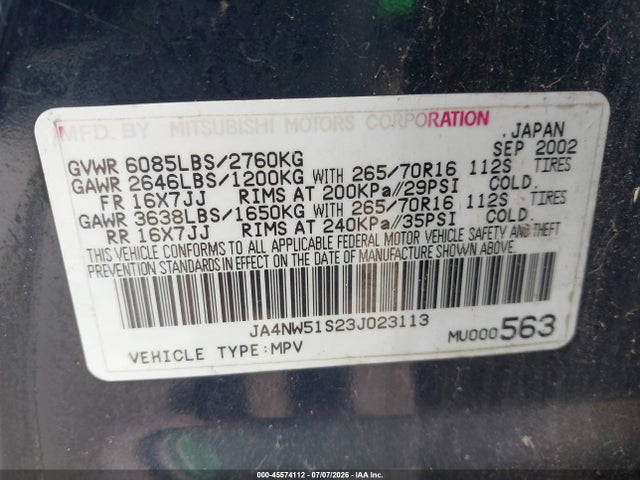 Aukcja sprzedaży 2003 Mitsubishi Montero 20th Anniversary/limited, vin: JA4NW51S23J023113, numer aukcji: 45574112