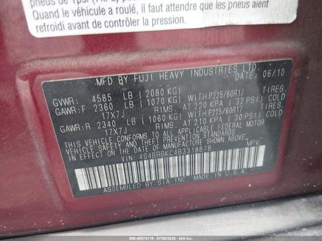 2011 Subaru Outback 2.5i Limited მანქანა იყიდება აუქციონზე, vin: 4S4BRBKC4B3318878, აუქციონის ნომერი: 45574119