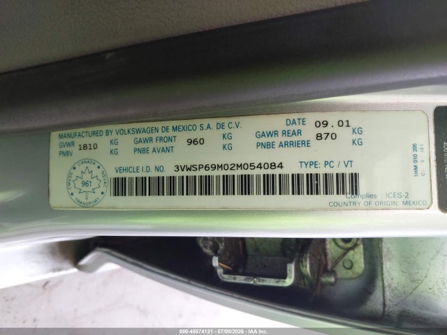 2002 Volkswagen Jetta Gls Tdi მანქანა იყიდება აუქციონზე, vin: 3VWSP69M02M054084, აუქციონის ნომერი: 45574121