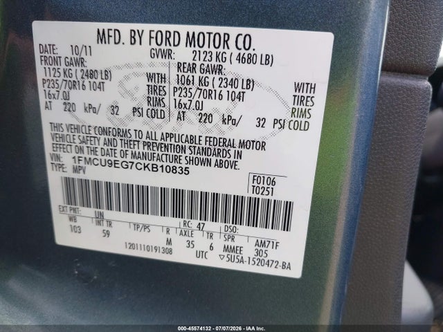 45574132 :رقم المزاد ، 1FMCU9EG7CKB10835 vin ، 2012 Ford Escape Limited مزاد بيع