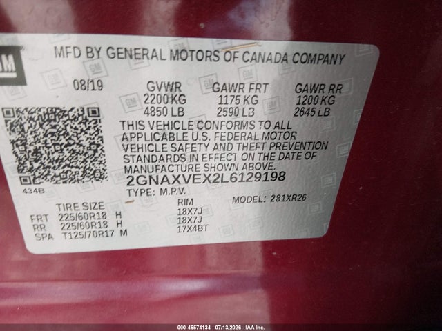 Продаж на аукціоні авто 2020 Chevrolet Equinox Awd Lt 2.0l Turbo, vin: 2GNAXVEX2L6129198, номер лоту: 45574134