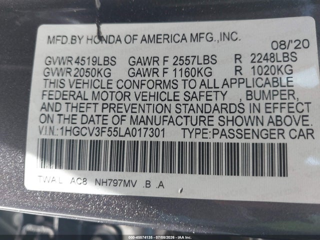 Aukcja sprzedaży 2020 Honda Accord Hybrid Ex-l, vin: 1HGCV3F55LA017301, numer aukcji: 45574135