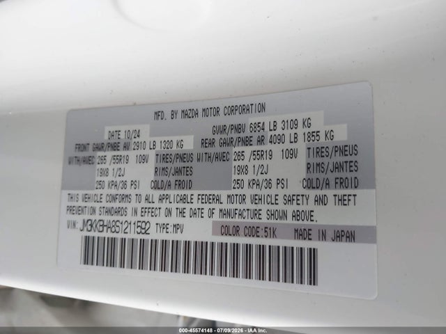 Продаж на аукціоні авто 2025 Mazda Cx-90 Phev Preferred Package, vin: JM3KKBHA8S1211592, номер лоту: 45574148