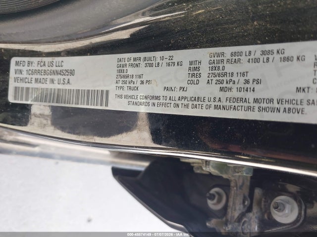 Aukcja sprzedaży 2022 Ram 1500 Lone Star  4x2 6'4 Box, vin: 1C6RREBG6NN452590, numer aukcji: 45574149