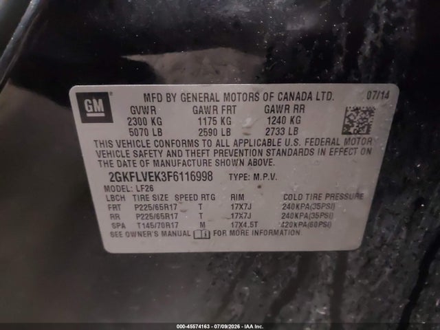 Aukcja sprzedaży 2015 Gmc Terrain Sle-1, vin: 2GKFLVEK3F6116998, numer aukcji: 45574163