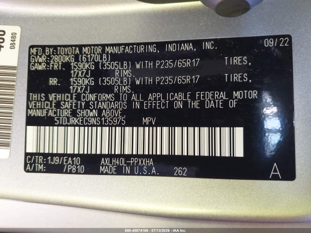 Aukcja sprzedaży 2022 Toyota Sienna Xle, vin: 5TDJRKEC9NS135975, numer aukcji: 45574168
