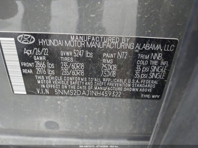 Продаж на аукціоні авто 2022 Hyundai Santa Fe Sel, vin: 5NMS2DAJ1NH459322, номер лоту: 45574173