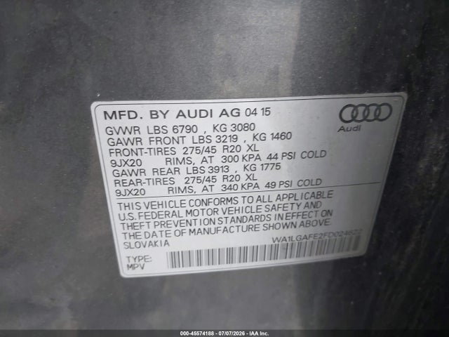 45574188 :رقم المزاد ، WA1LGAFE2FD024622 vin ، 2015 Audi Q7 3.0t Premium مزاد بيع