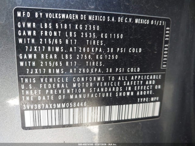 3VV3B7AX9MM058446 Volkswagen Tiguan 2.0t Se/2.0t Se R-line Black/2.0t Sel