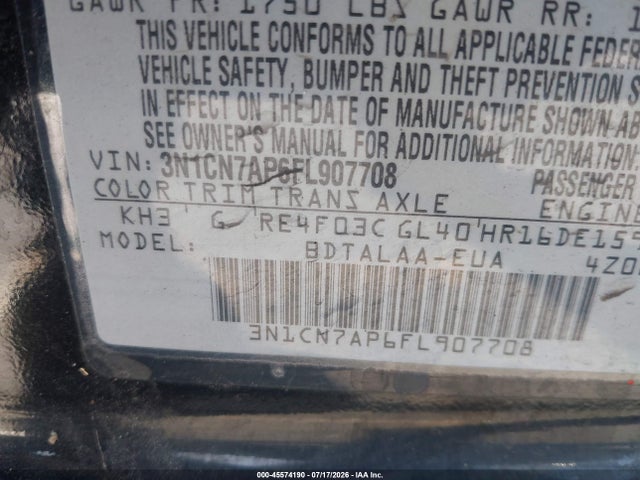 Nissan Versa 1.6 S 2015 3N1CN7AP6FL907708 Image 9