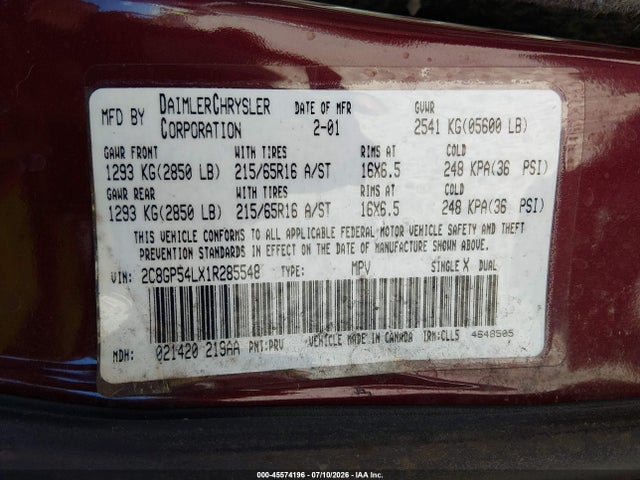 2001 Chrysler Town & Country Lxi მანქანა იყიდება აუქციონზე, vin: 2C8GP54LX1R285548, აუქციონის ნომერი: 45574196