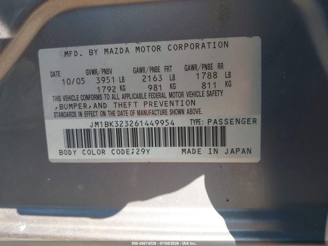 45574226 :رقم المزاد ، JM1BK323261449954 vin ، 2006 Mazda Mazda3 S Touring مزاد بيع