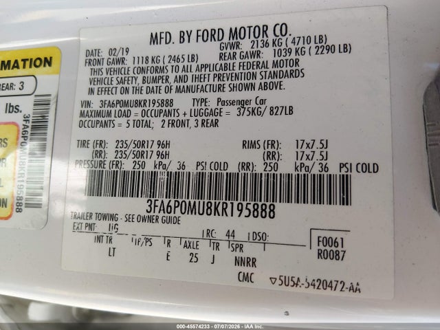 3FA6P0MU8KR195888 Ford Fusion Hybrid Sel