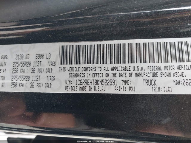 2019 Ram 1500 Limited  4x2 5'7 Box მანქანა იყიდება აუქციონზე, vin: 1C6RREHT8KN522591, აუქციონის ნომერი: 45574282