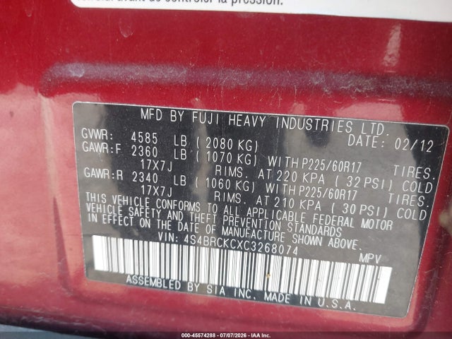 45574288 :رقم المزاد ، 4S4BRCKCXC3268074 vin ، 2012 Subaru Outback 2.5i Limited مزاد بيع