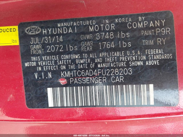 Продажа на аукционе авто 2015 Hyundai Veloster, vin: KMHTC6AD4FU228203, номер лота: 45574289